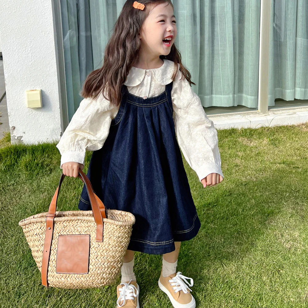 

Children Girls Autumn Clothing Sets Fashion Suit Cute Denim Suspender Dress And Lace Shirt Kids Clothing Sets Baby Outfits