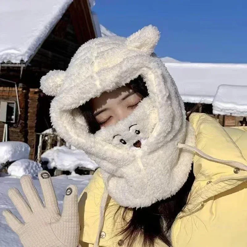 

Winter Cartoon Hat With Mask Bear Ear Lamb Beanie Hats Warm Thickened Ear Protection Skullies Beanies for Women Girl Kawaii