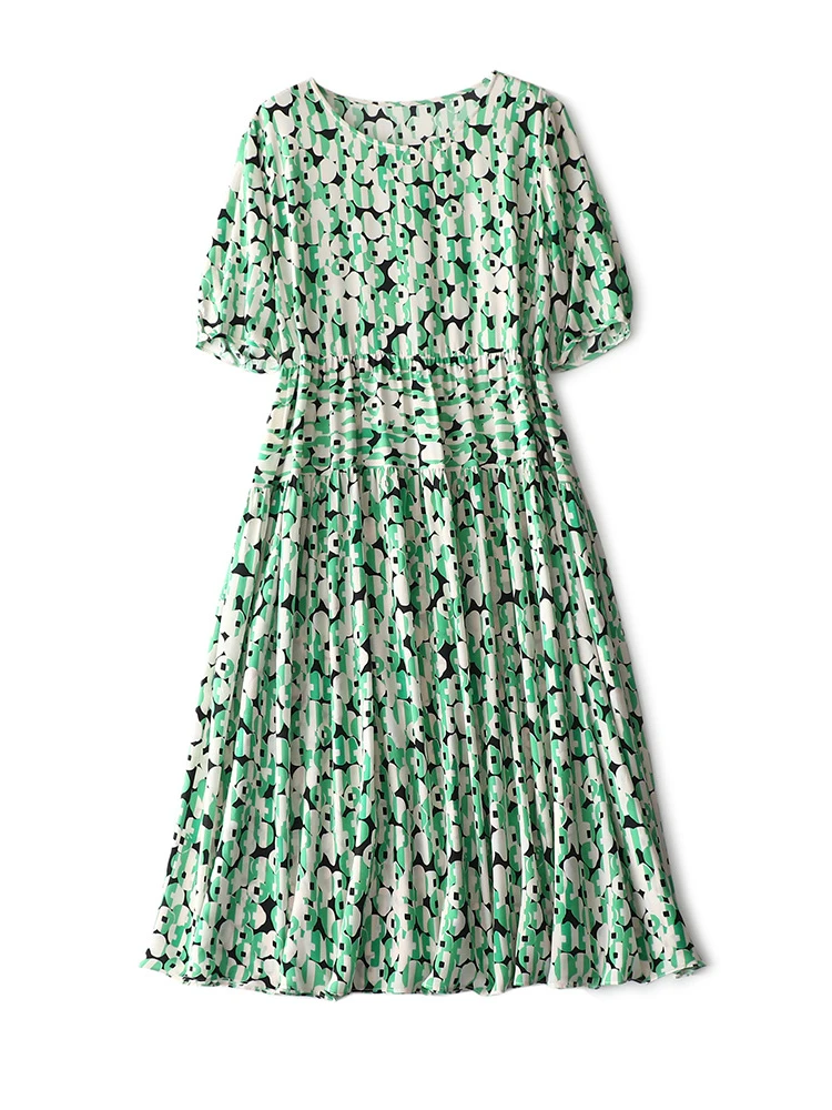 Женское свободное платье до колен зеленое из натурального шелка с принтом