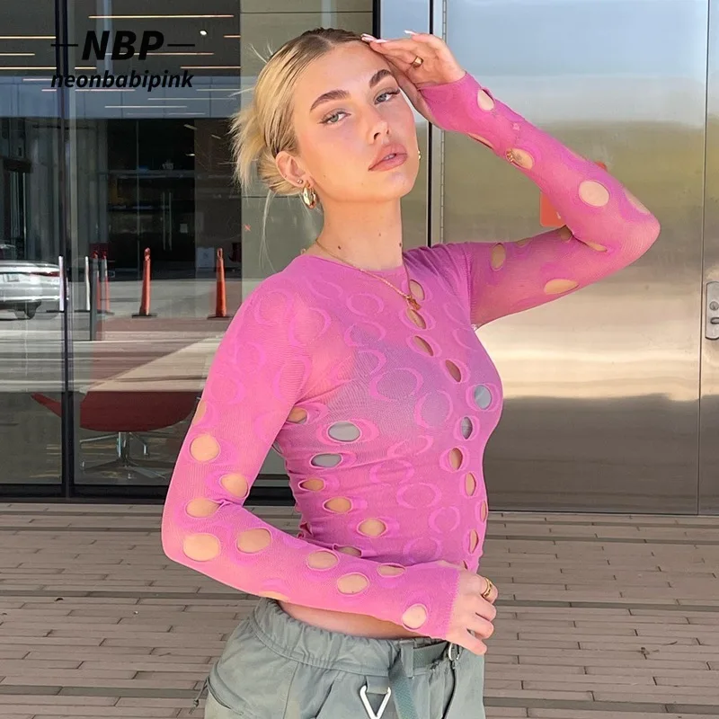 

NEONBABIPINK розовые сетчатые прозрачные облегающие кроп-топы, трендовая одежда для женщин 2022, сексуальные футболки с длинным рукавом