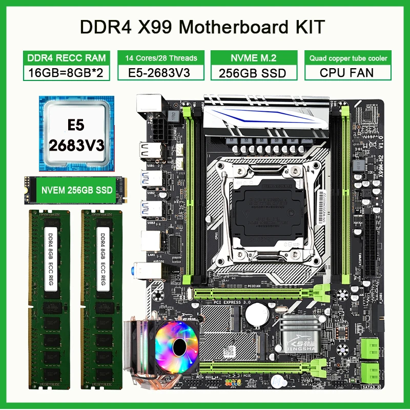 

JINGSHA X99 M-H2 Motherboard KIT Xeon E5 2683 V3 LGA2011-3 Processor 16GB Ram (2*8GB) ddr4 RECC NVME 256GB M.2 SSD and CPU FAN