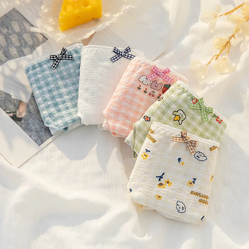 

Girls Underwear 5pc/lot panties middle Waist Briefs Young Girl teenagers Pants children students plaid cotton M L XL