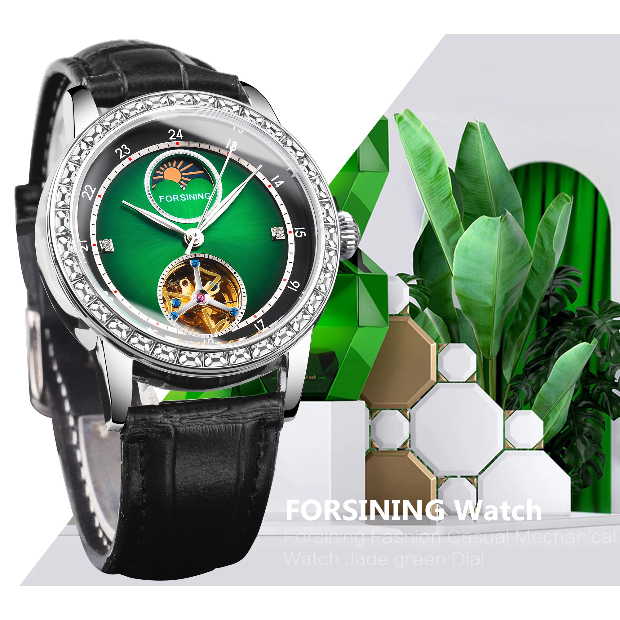 Luxury Forsining Business Mans Watch Jade Green Design Waterproof Elegant Automatic Mechanical Skeleton Clock Leather Watches