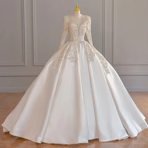 French wedding dress 2022 new bridal long sleeve heavy industry V-neck satin premium texture court main wedding dress