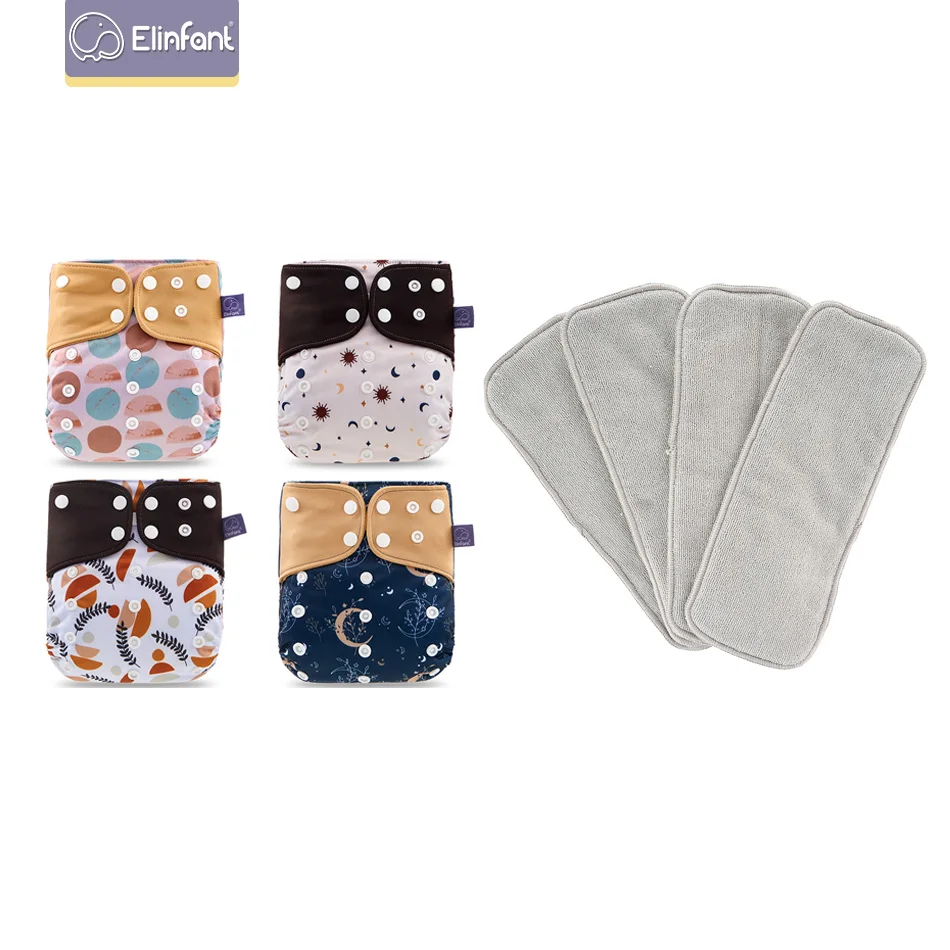 

Elinfant 4 diapers with 4 absorbents gray mesh cloth inner one size baby for 3-15kg washable eco-friendly baby cloth diaper