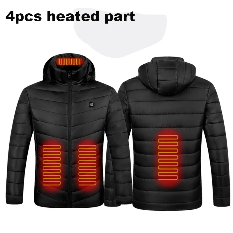 4pcs New Men Winter Warm USB Heating Jackets Smart Thermostat Pure Color Hooded Heated Clothing Waterproof Warm Jackets
