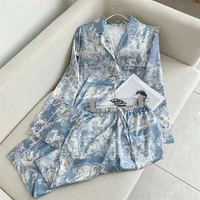 casual women 2 piece set 2022 ink printing and dyeing loose long sleeve satin blouse shirt wide legs pants suit women tracksuit