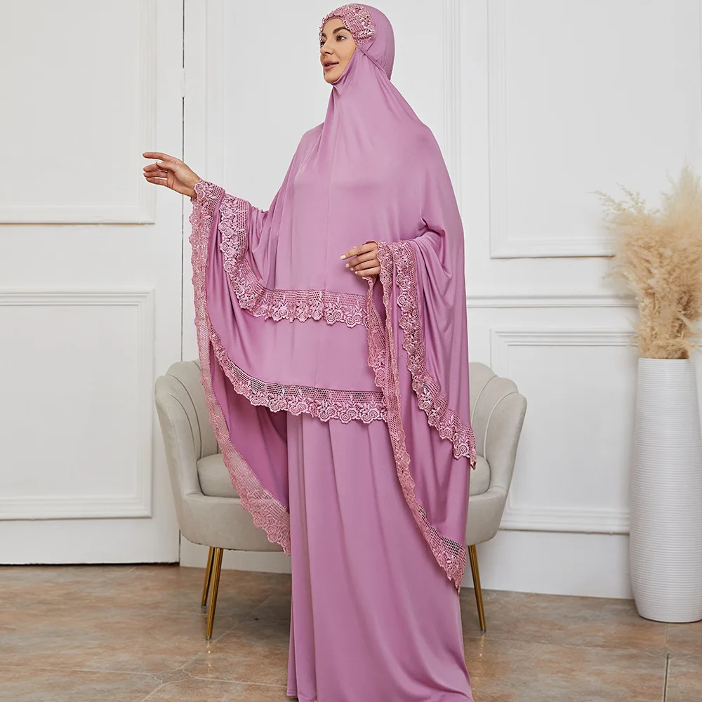 Dubai Arab Israel Embroidery Lace Fashion Muslim Suit Abaya Clothing Ramadan Prayer Hijab Suit Islamic Noble Two Piece Set
