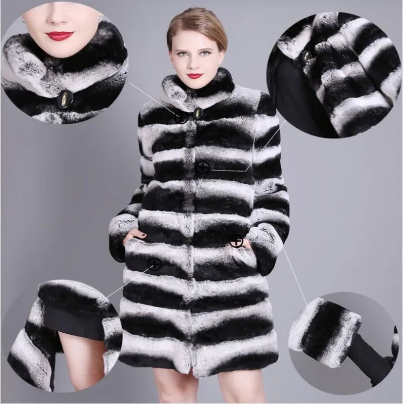 90CM Luxury Whole Skin Natural Chinchilla Fur Coats Stand Collar Striped Women Real Rex Rabbit Fur Long Jacket Winter Thick Coat