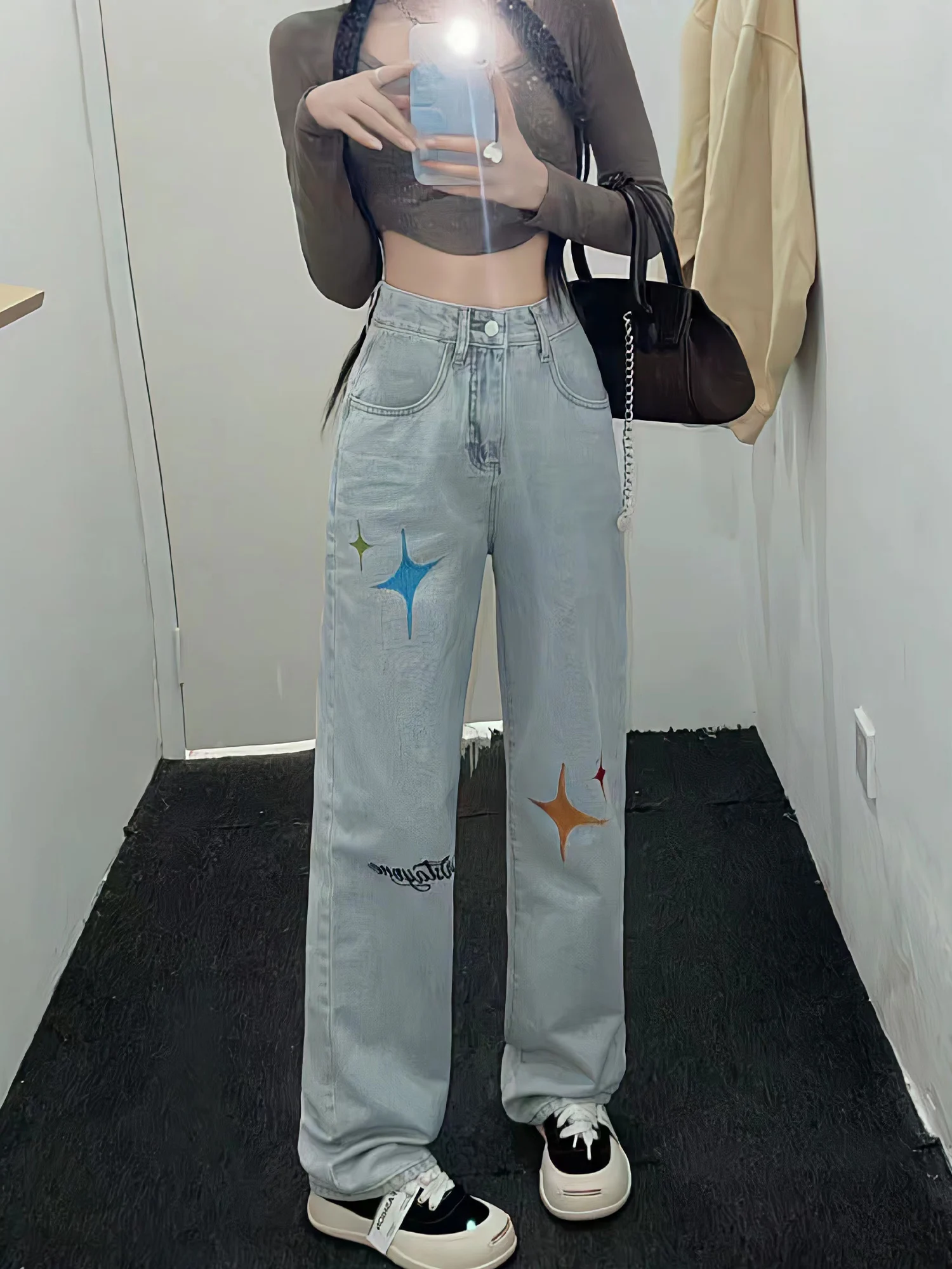Y2k Embroidery Jeans High Waist Wide Leg Fashion Straight  Women Trousers Vintage Washed Distressed Cartoon Print Mopping Pants