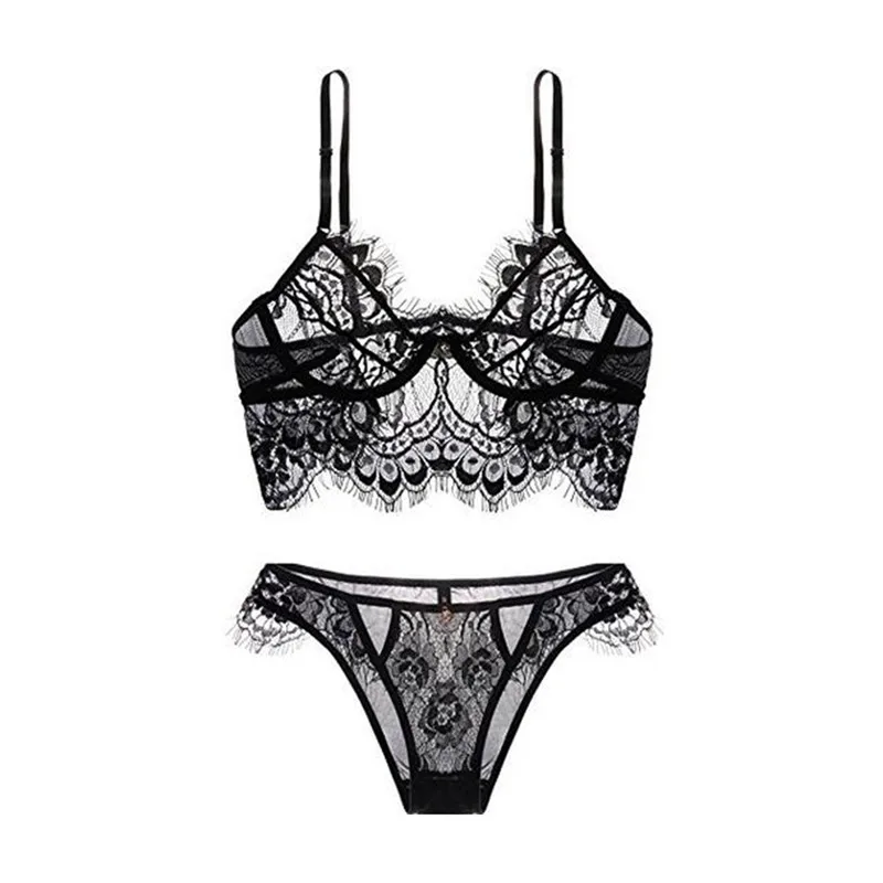 

Lace Sexy Underwear Set Hollow Eyelashes Lingerie See-through Sheer Bra and Panty White Black Backless Bodysuit Women 2pcs