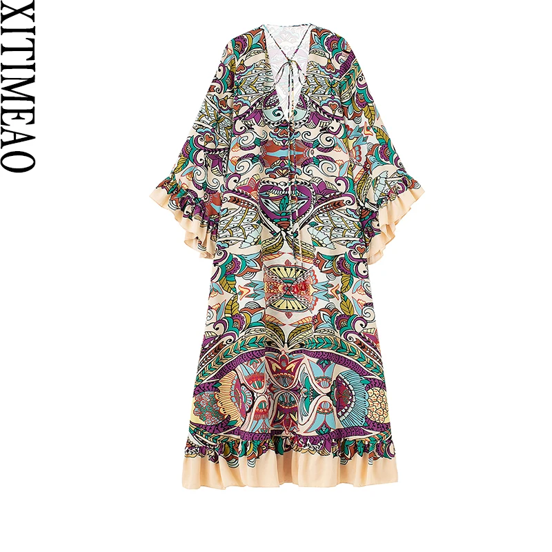 

Женское винтажное платье-миди с рукавом и V-образным вырезом