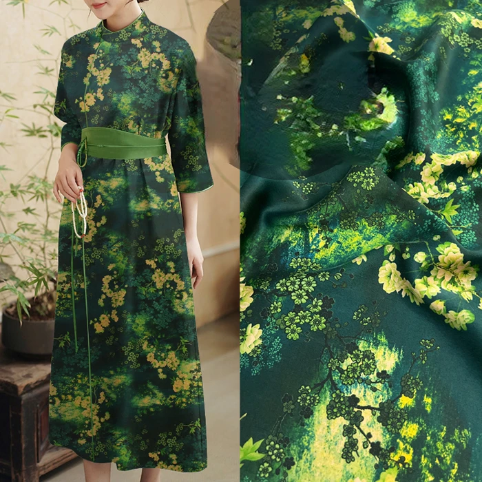 Шелковая ткань Xiangyun чернильно-синяя с зеленым 93% шелк 7% спандекс 120 см