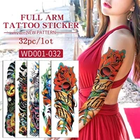 32pc new full arm temporary tattoo stickers set for men women waterproof durable totem skull art fake tattoo cool flower tattoos