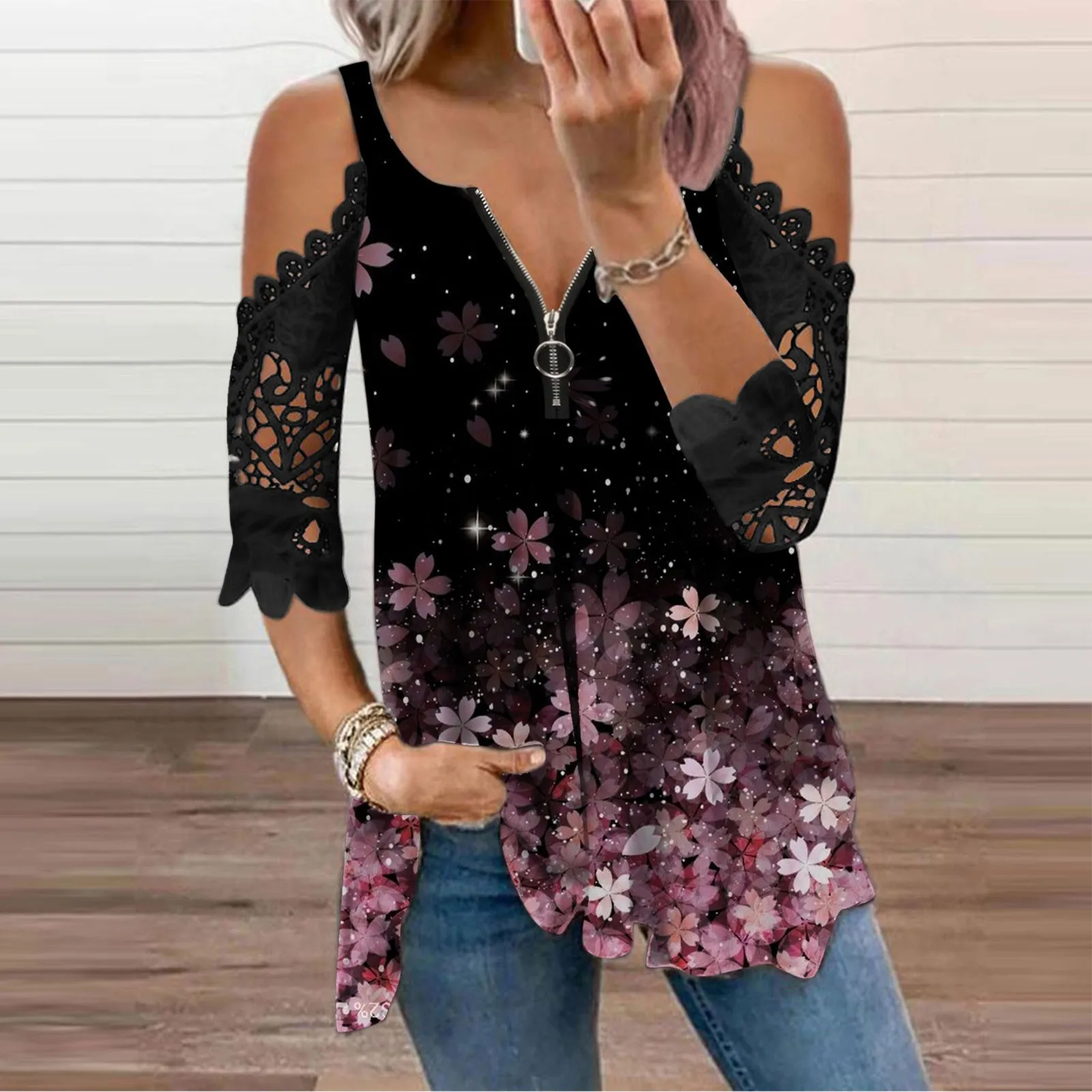 

Женская блузка на молнии с V-образным вырезом, кружевной вышивкой и коротким рукавом, футболка без бретелек с принтом, топы, свободные пулове...