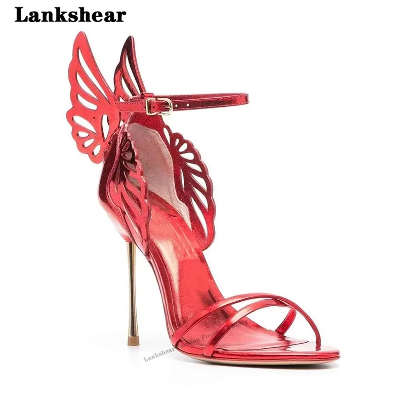 

Red Gold Silver Hollow Back Wing Stiletto Sandals Round Toe One-Word Buckle Strap Super High Heel Plus Size New Shoes for Women
