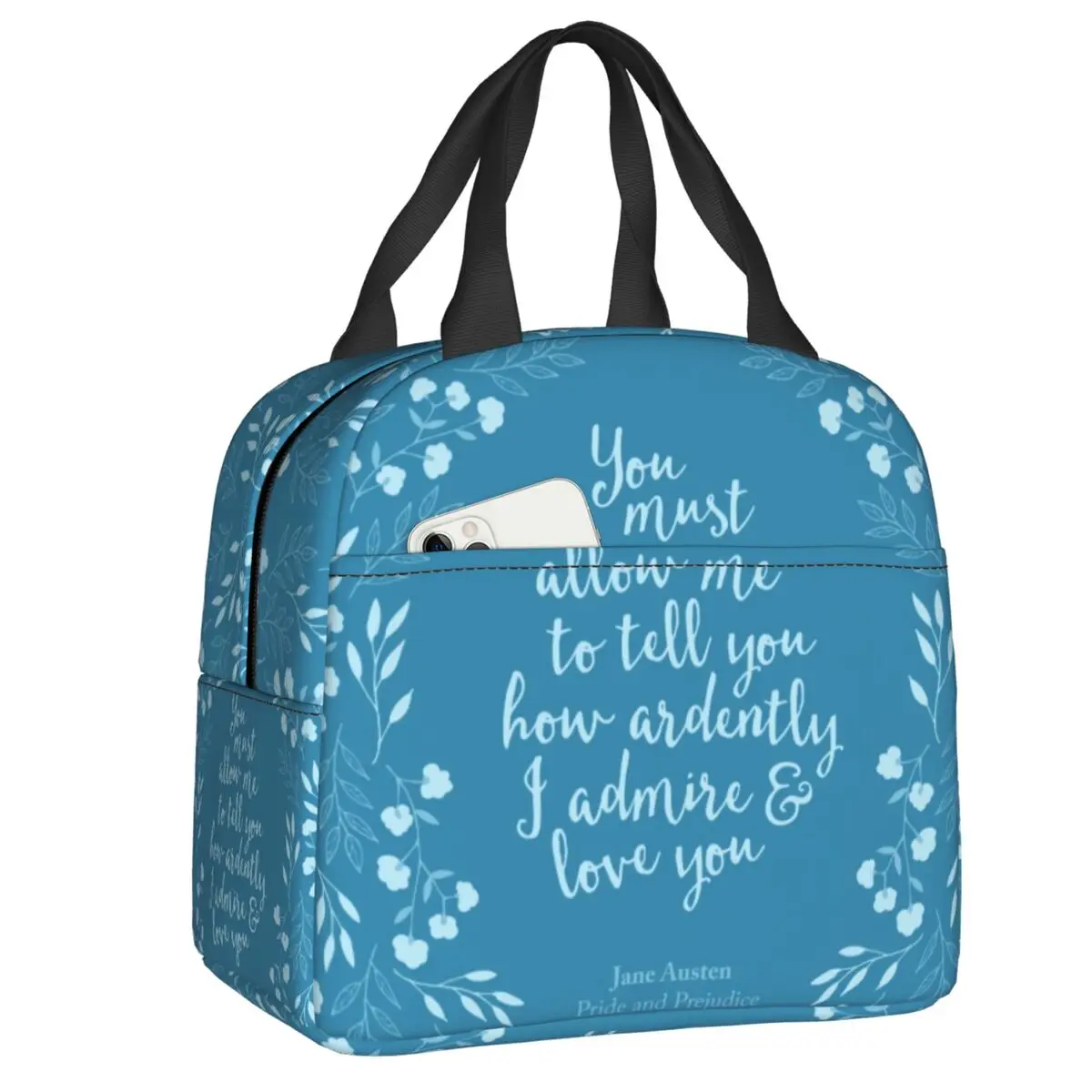 

Jane Austen Pride And Prejudice Floral Love Quote Insulated Lunch Bag for Women Waterproof Thermal Cooler Lunch Tote Box