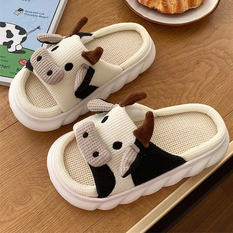 

2022 New Winter Indoor Slippers for Women Cute Milk Cow Slipper For Home Platform Shoes Lovely Animals Bedroom Slippers Couples