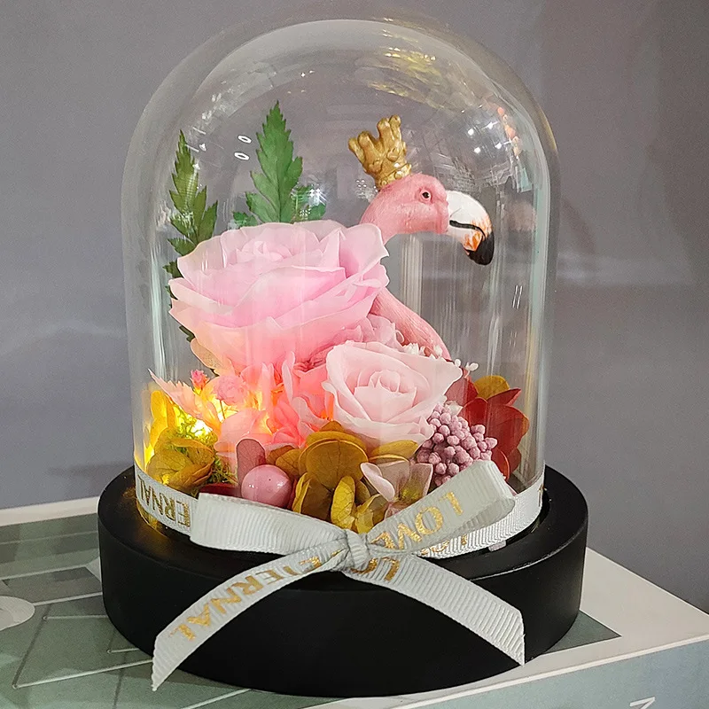 

Galaxy Flamingo and Flowers Beauty and The Beast Rose In Glass Dome with LED Lights Christmas Wedding Valentine's Day GF's Gifts