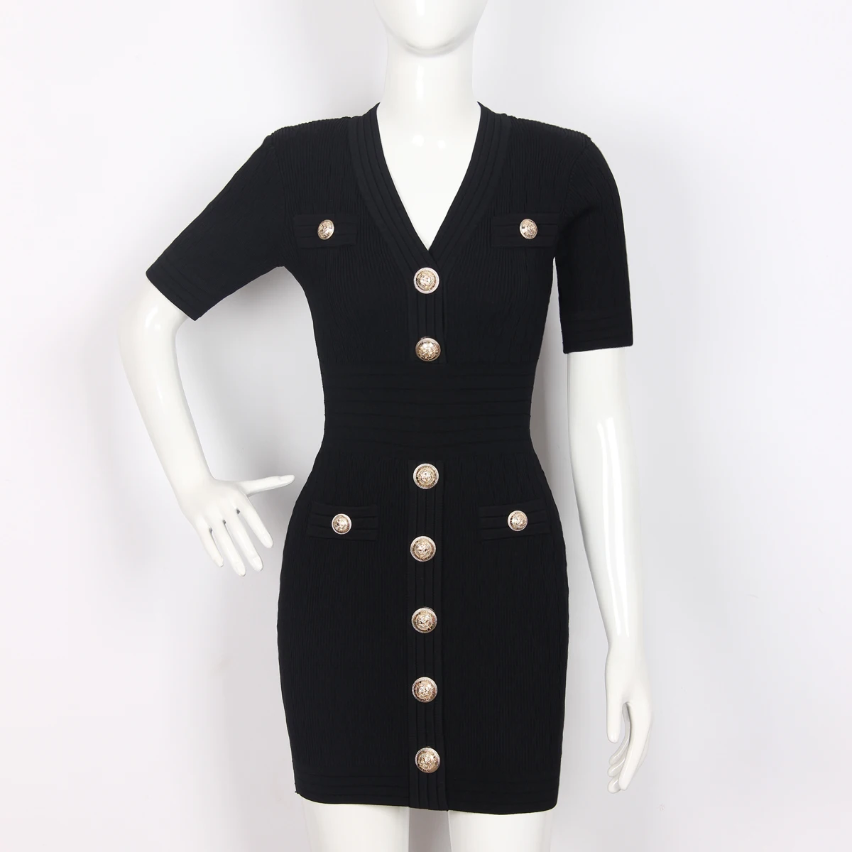 

2022 New Temperament Commuter Short Sleeve V-Neck Knitted Sweater Mid length Dress Riveted Short Sleeve Dress Women's Dress