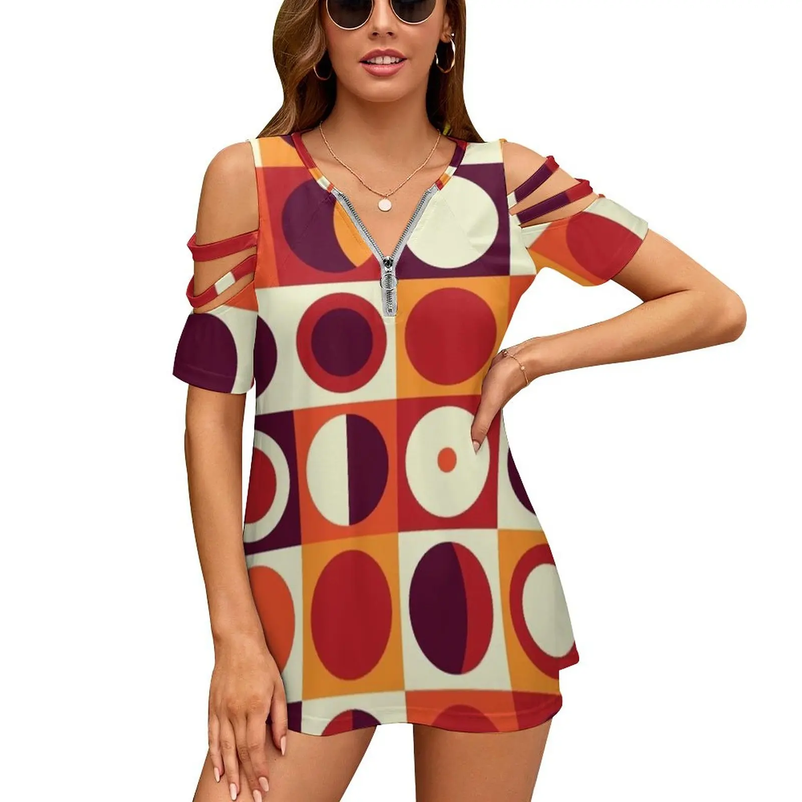 

Orangy 70S Pattern New Fashion Zip Off Shoulder Top Short-Sleeve Women Shirt Orange Geometry Geometric Squares Circles 60S