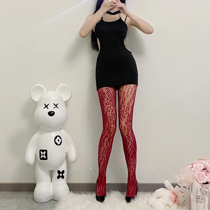 Колготки в сетку сексуальные с леопардовым жаккардовым узором Женщина Бордовый