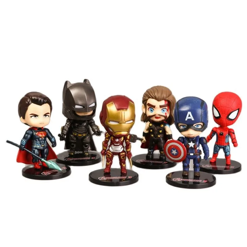 

6 Pcs/Set Disney Marvel Batman SpiderMan Iron Man Captain America Thor Superman Anime Model Office Decoration Action Figure Gift