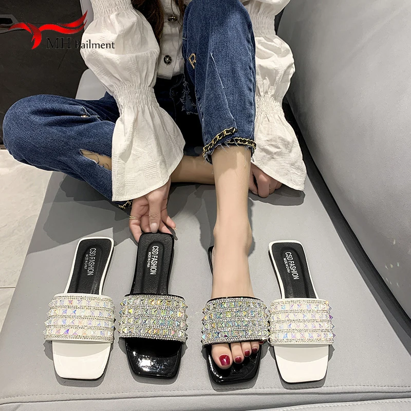 

Rhinestone Flat Slippers Women Summer Open Toe Beach Sandals Black Non-slip Slides Square Casual Comfortable Light Shoes Ladies