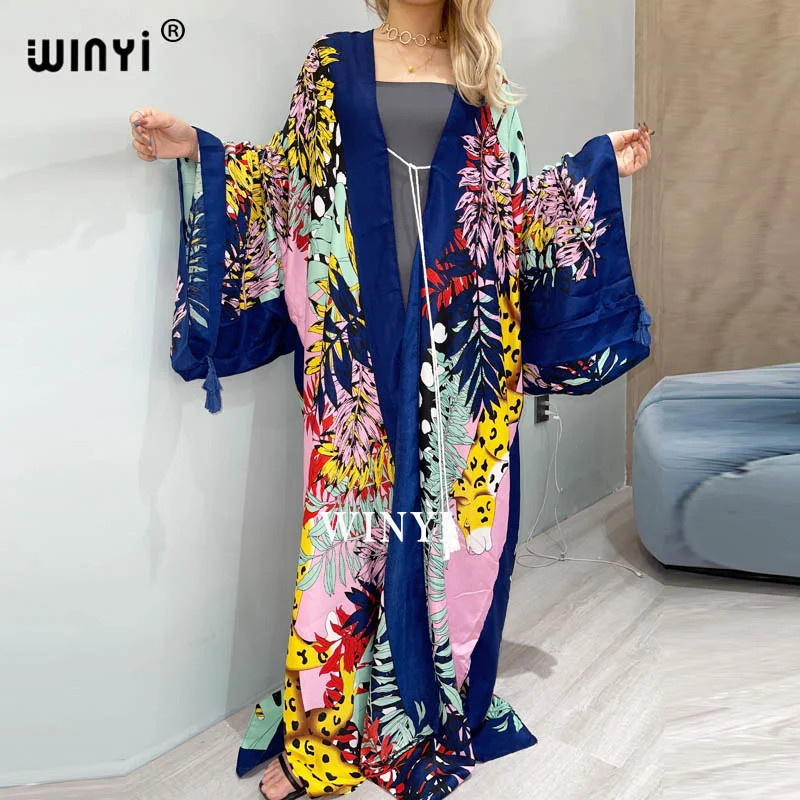 

2023 WINYI Cotton Bikini Sweet Lady Pink Boho Print Self Belted Front Open Long Kimono Dress Beach Tunic Women Wrap Dresses