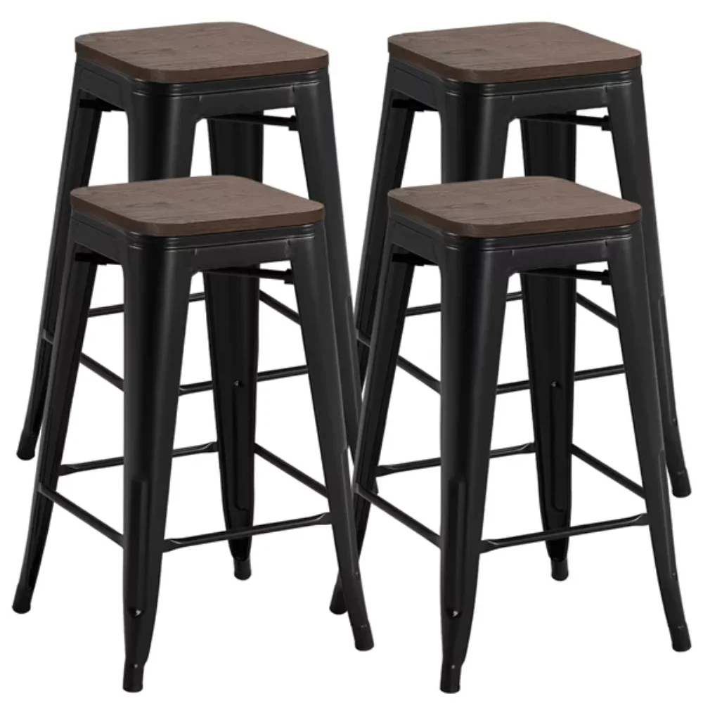 

4PCS Metal Counter Bar Stools with Wooden Seat for Bistro/Patio/Café/Restaurant/Dining Room/Kitchen Black