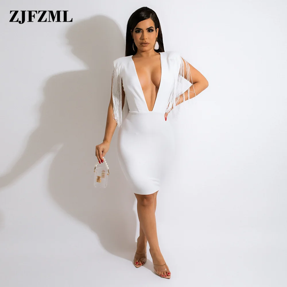 

Elegant Fashion Deep V-neck Fringe Tassel Sleeveless Bodycon Dress for Women Spring Summer High Waist Package Hip Party Vestidos