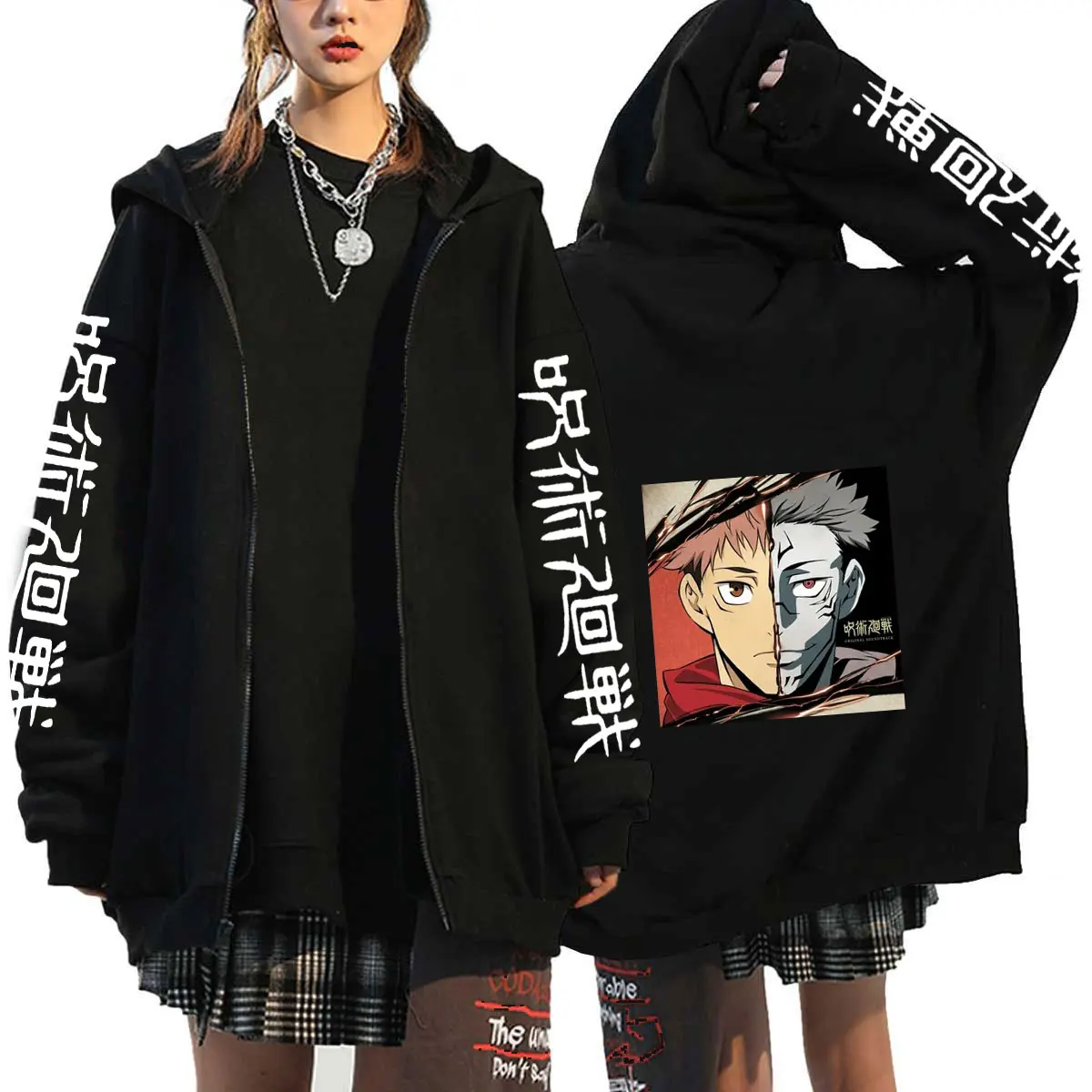 

Jujutsu Kaisen Japan Satoru Gojo Print Hoodies Unisex Loose Oversize Clothing Warm Fleece Zipper Sweatshirts Cartoons Casual Tr