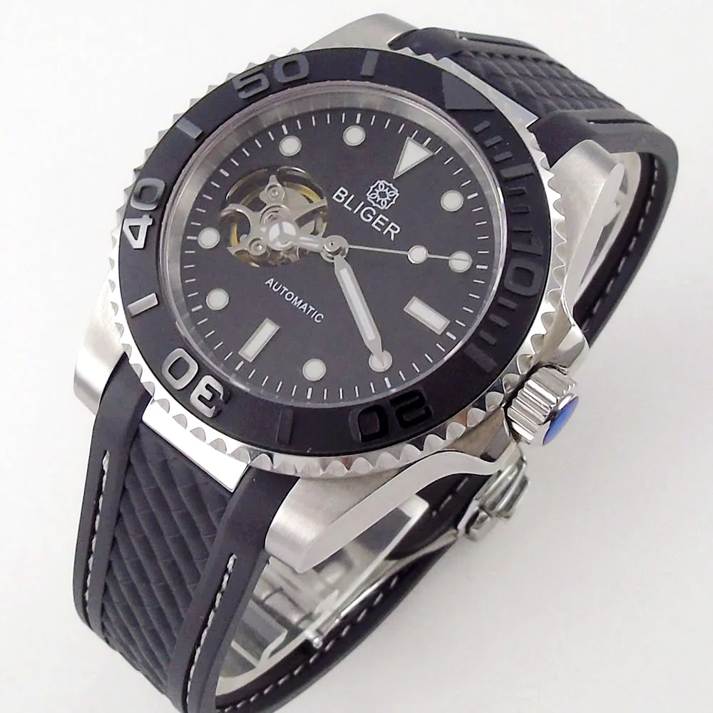 

BLIGER 40mm Black NH38A Movement Stainless Steel Automatic Men Watch Lume Hand Hollow Dial Curved End Band Sapphire Crystal