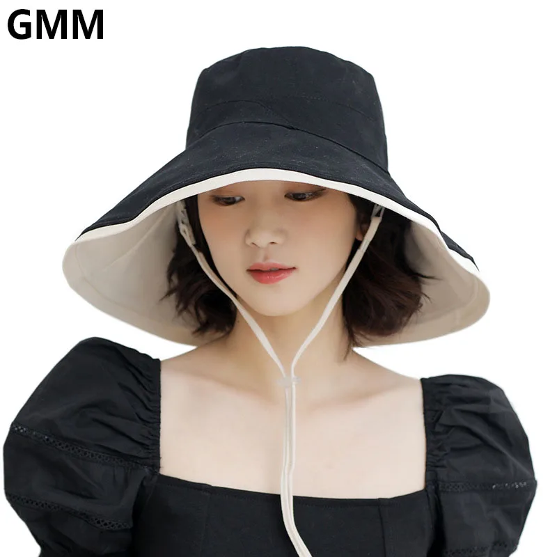 

Solid Double-sided Sun Visor Hat Summer Women Cotton Wide Brim Foldable Beach Fisherman Bucket Hat With Adjustable Wind Rope
