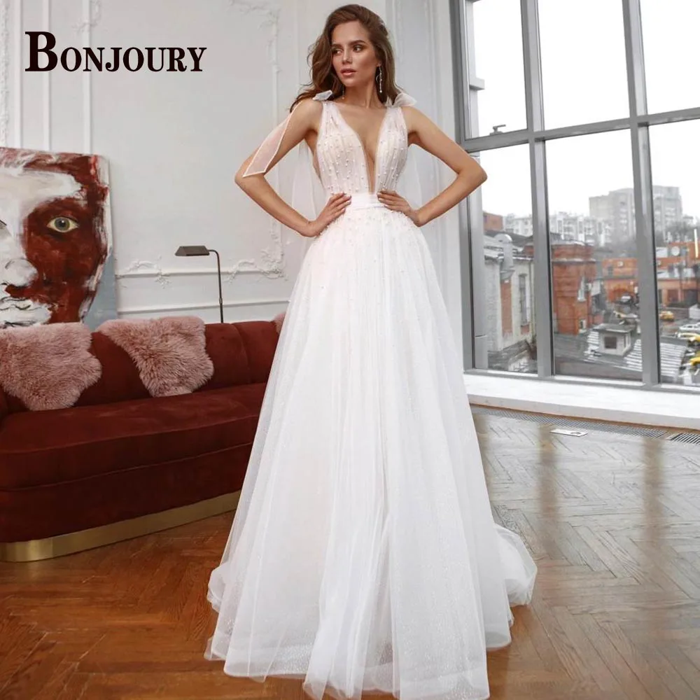 

BONJOURY Fairytale Wedding Dresses V-Neck For Women 2023 Bride Appliques Bow Pearl Sleeveless Custom-Made Vestido De Novia