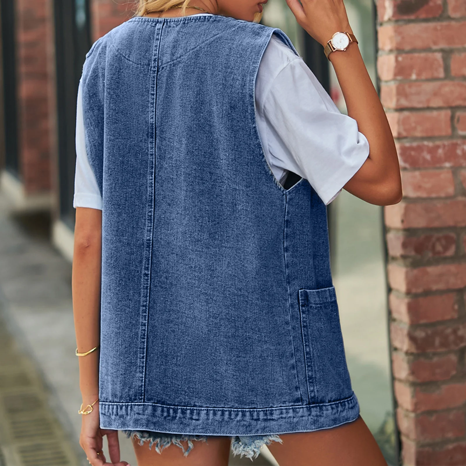 

Жилет женский джинсовый оверсайз без рукавов, однотонный Свободный Топ на пуговицах, с V-образным вырезом и отложным воротником, уличная одежда