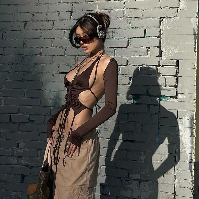 

2023 summer fashion trend women's new long-sleeved hanging neck open back strap slimming solid color vest women's suspender top
