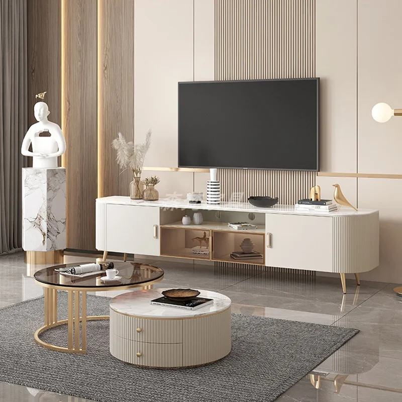 

Light Simple Luxury Slate Tabletop TV Cabinet And Glass Round Coffee Table Combination With Storage Space Theater Furniture