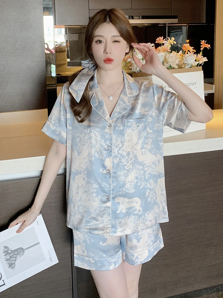 Summer new ice silk country tide print cardigan short-sleeved pajamas women's summer comfortable silk home service hairband