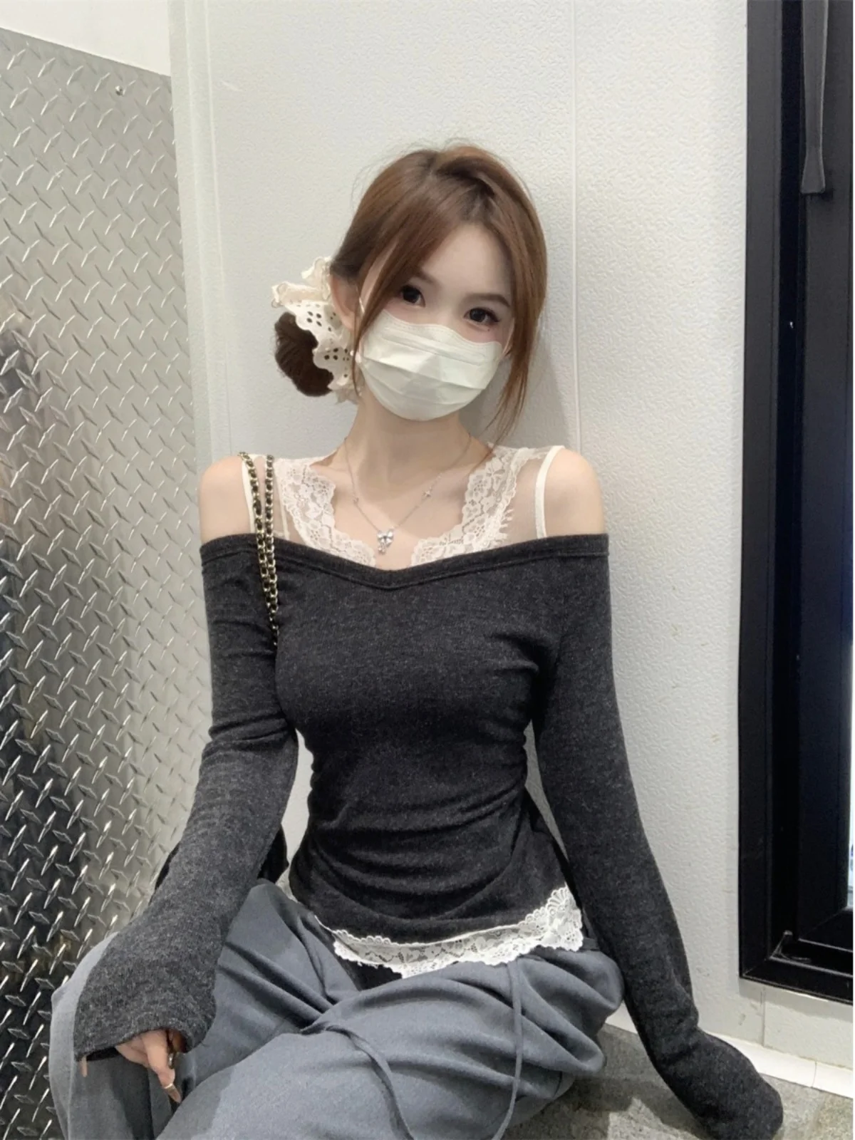 Плюс размер Chubby Girl Pure Desire Sle Кружевная строчка Шлифовка Рубашка с длинными