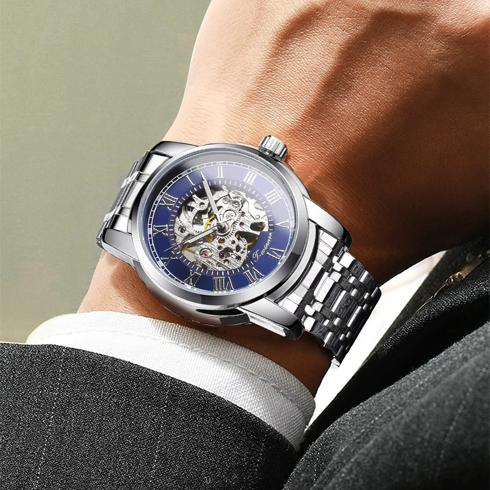 Forsining Fashion Blue Military Hollow Mechanical Stainless Steel Watch Luminous Sport Mens Skeleton Watches Montre Homme Clock