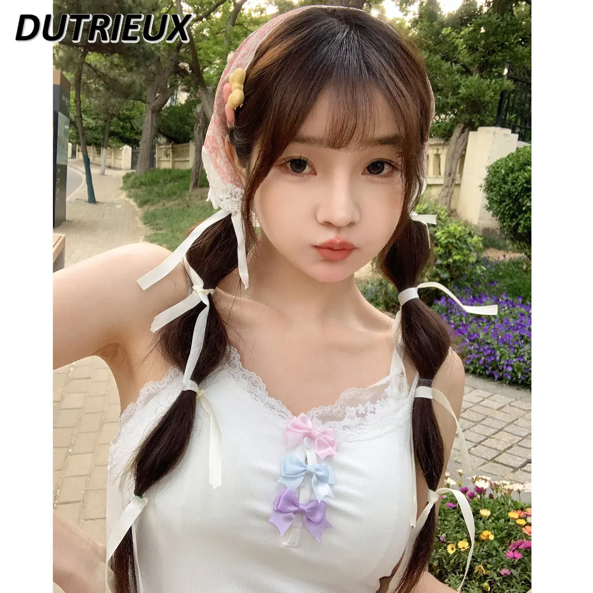 

2023 Summer New Women's Sweet Crop Tops Korean Style Sleeveless Inner Bottoming Shirt All-Match Bow White Outerwear Sling