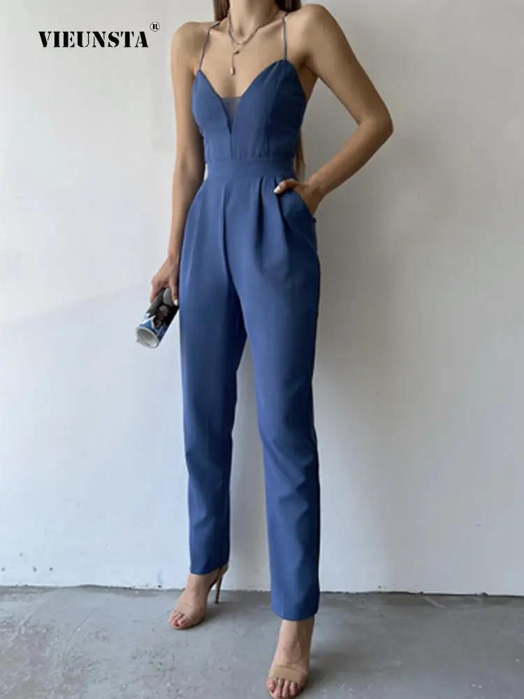 

Women New Solid Office Slim Pocket Romper Summer Sling Straight Trousers Playsuits Sexy Elegant Mesh Patchwork V-Neck Jumpsuits