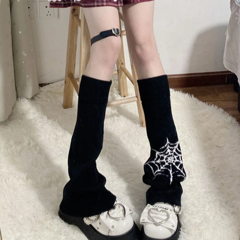 Y2k Girl Japanese Harajuku Leg Warmers Gothic Black Lady Knit Leg Warmer Cute Jk Knee-length Hipster Warm Socks Slouch Fashion