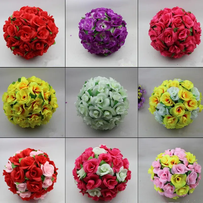 

12 Inch Elegant Artificial Silk Roses Flowers Kissing Ball 10 Colors For Wedding Christmas Ornaments Party Decoration Supplies