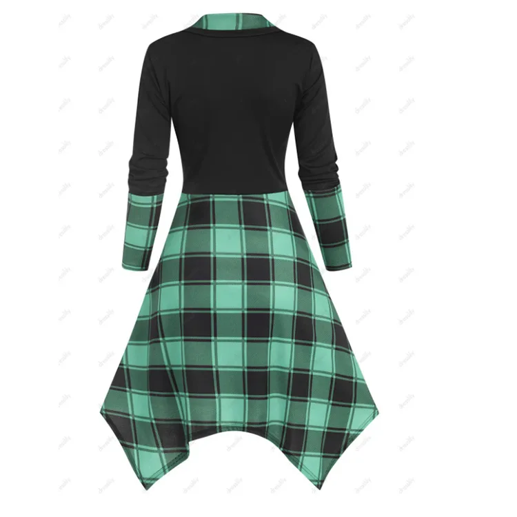 Женское платье в стиле панк готическое клетчатое пэчворк на пуговицах с длинным