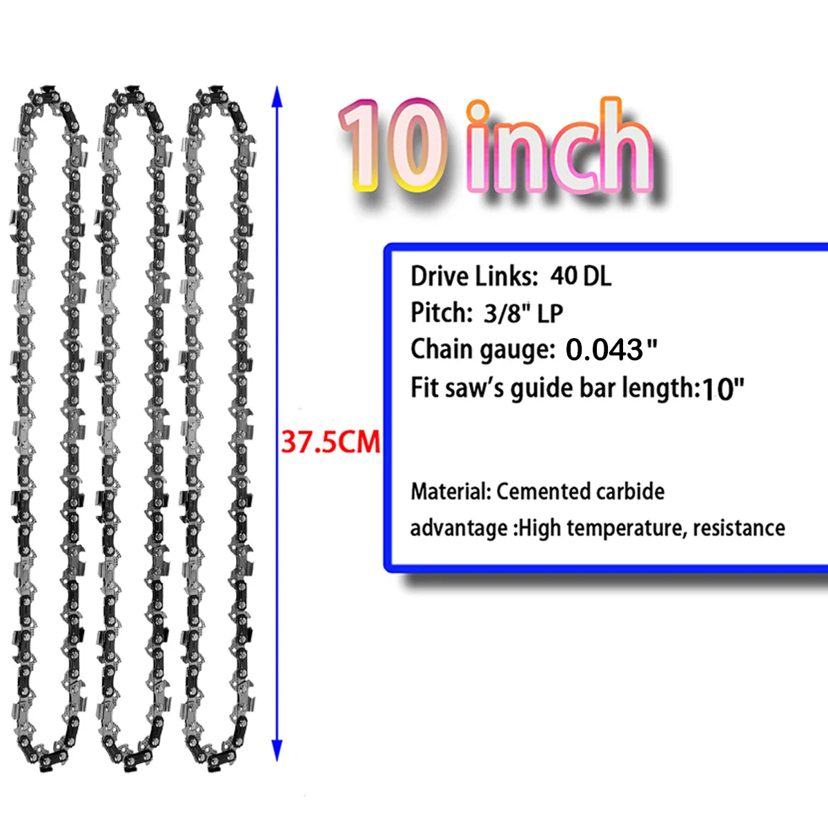 

10-дюймовая металлическая цепь бензопилы 3/8 "LP 0,043" манометрическая цепь 40 аксессуаров для приводных пил сменная цепь бензопилы для резки древесины