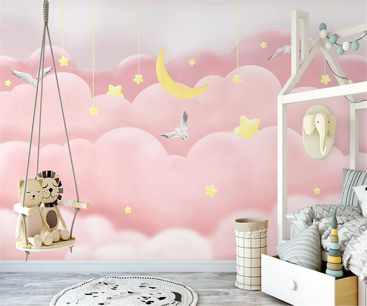 

Custom photo Wallpaper 3D Scandinavian hand-painted pink clouds starry clouds children's room background wall 3D Wallpaper Mural