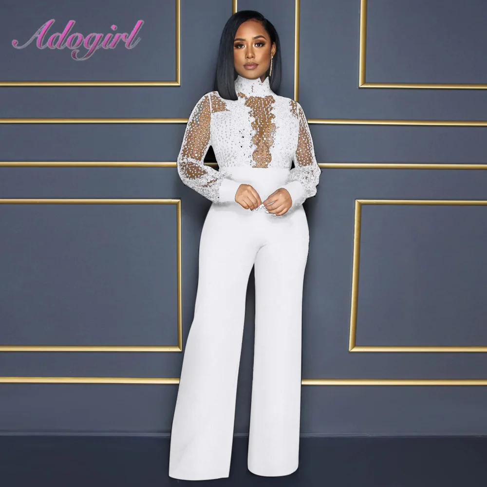 

Sexy Sequins Patchwork Lace Mesh Night Party Club Chic Jumpsuit Women Autumn Outfit Long Sleeve Wide Leg Pants Rompers Overalls