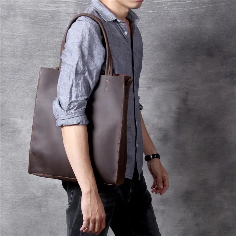 Fashion vintage natural genuine leather men tote bag casual simple crazy horse cowhide shoulder bag holdall large laptop handbag
